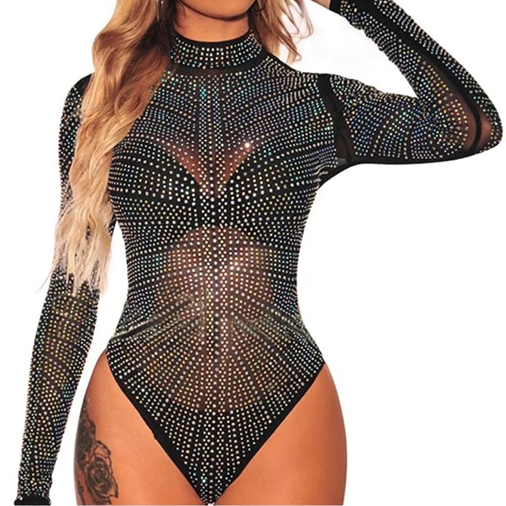 Sexy Black Long Sleeve Sheer Mesh Rhinestone Bodysuit Bling Rave Festival NWOT